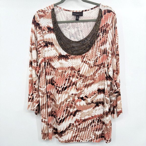 Dana Buchman Woman Beaded Knit Scoop Neck Top Size 2X Brown Pink Printed Boho - Picture 1 of 9